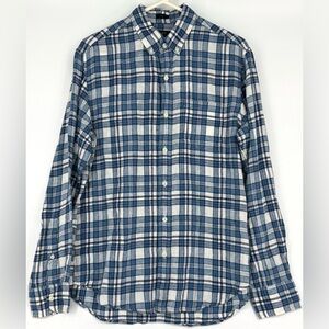 J. Crew Navy and White Plaid 100% Linen Slim Fit Shirt. Medium